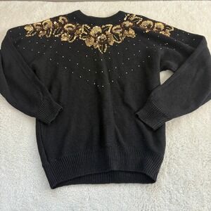 Vintage Milano Collection Black Sequin Floral Beaded Sweater Size S